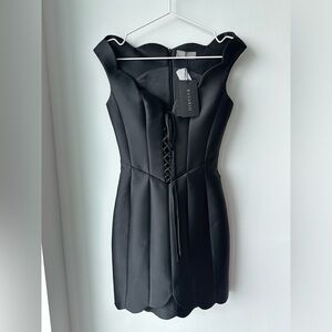 RASARIO Lace-Up Scalloped Satin Mini Dress - Black Size Small